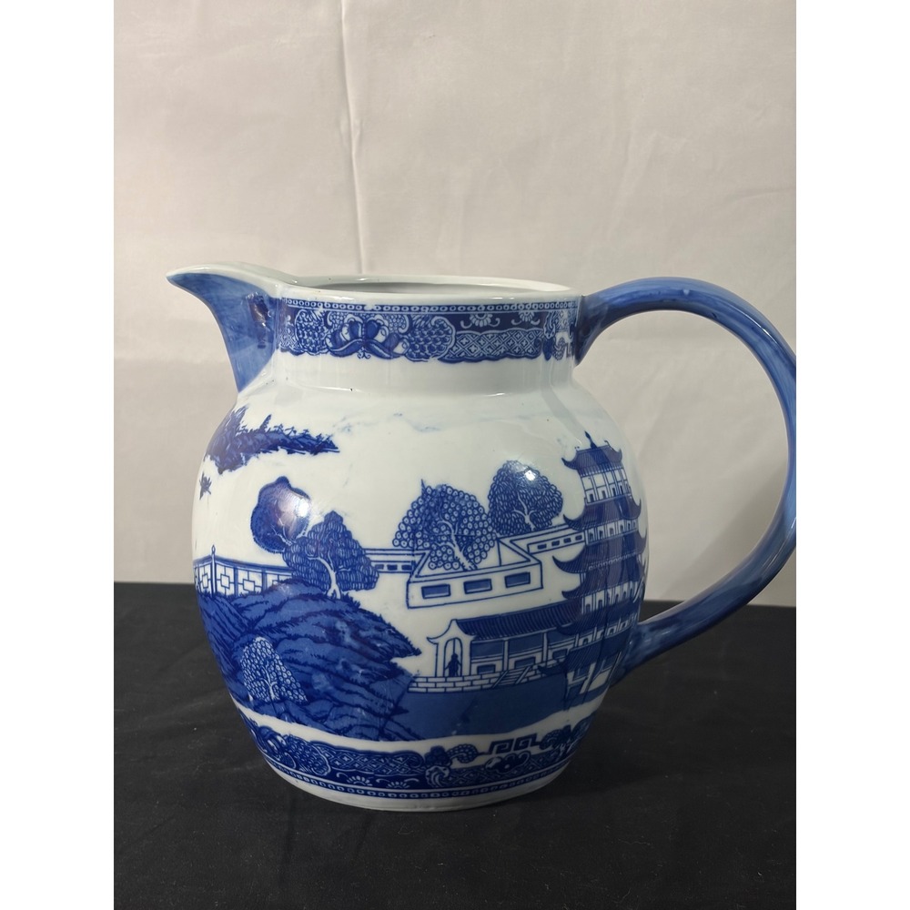 Victoria Ware Ironstone Pitcher Blue White Oriental Landscape Excellent 7.5in